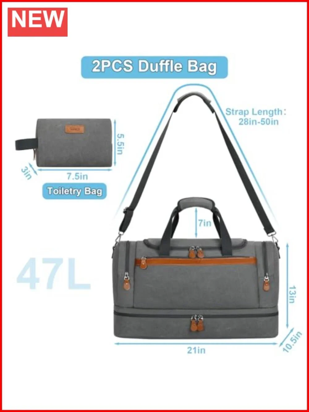 50L Expandable Canvas Travel Duffel Bag with Shoes Compartment, Carry On